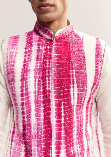 Pink Silk Tie-Dye Kurta Jacket Set For Men With Sequin Work