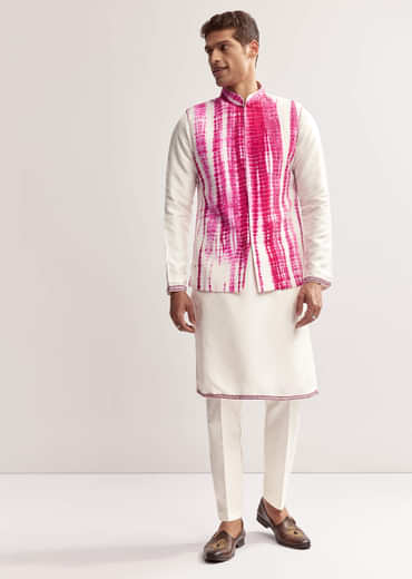 Pink Silk Tie-Dye Kurta Jacket Set For Men With Sequin Work