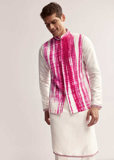 Pink Silk Tie-Dye Kurta Jacket Set For Men With Sequin Work