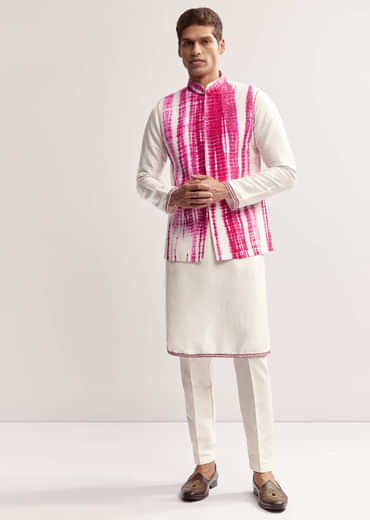 Pink Silk Tie-Dye Kurta Jacket Set For Men With Sequin Work