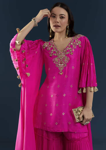 Pink Silk Top and Sharara Set with Sequin Work