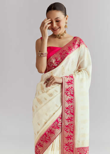 Pink Silk Woven Saree With Brocade Work