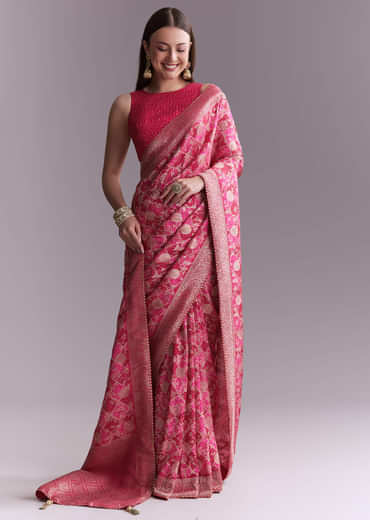 Pink Silk Woven Saree With Jaal Work And Floral Motifs