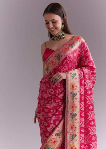 Pink Silk Woven Saree With Multicolour Geometric Motifs