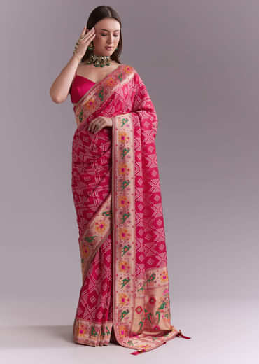 Pink Silk Woven Saree With Multicolour Geometric Motifs
