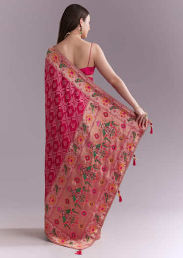Pink Silk Woven Saree With Multicolour Geometric Motifs