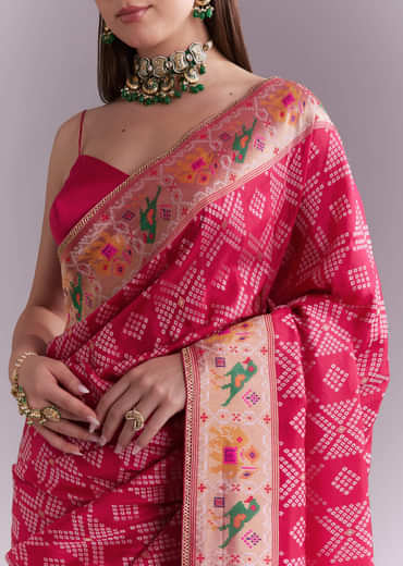Pink Silk Woven Saree With Multicolour Geometric Motifs