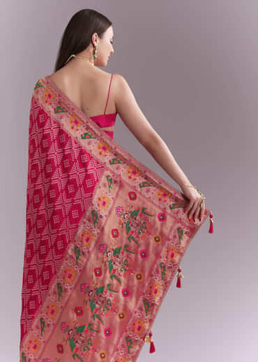 Pink Silk Woven Saree With Multicolour Geometric Motifs