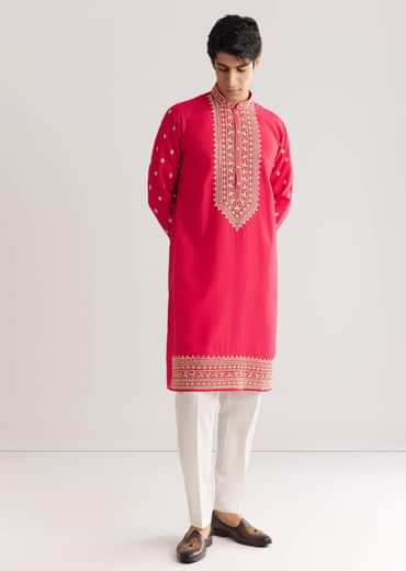 Pink Silk Yoke Embroidered Kurta Set With Gotta And Resham Work