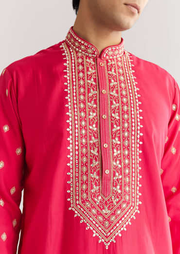 Pink Silk Yoke Embroidered Kurta Set With Gotta And Resham Work