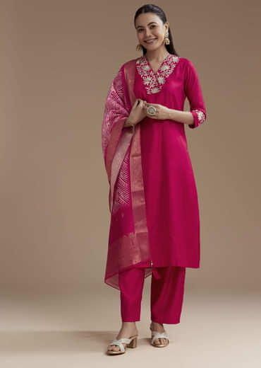 Pink Straight Silk Kurta Set with Zari Work
