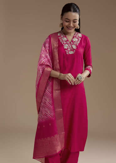 Pink Straight Silk Kurta Set with Zari Work