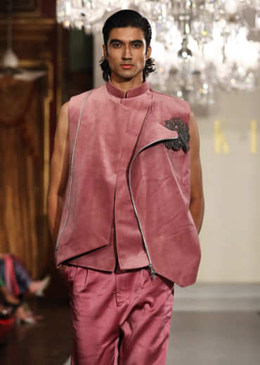 Pink Suede Indo Western Suit For Men With Pearl Detailing