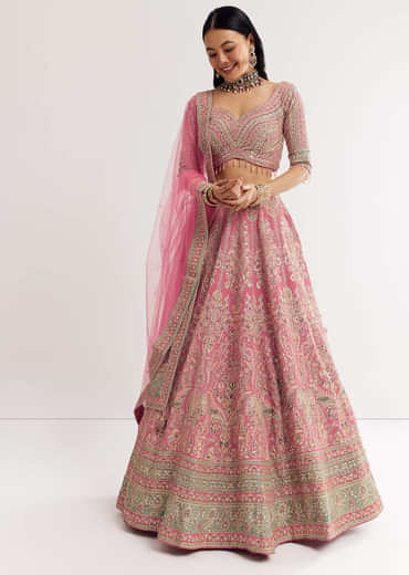 Pink Sweetheart Neck Georgette Cutdana Stonework Lehenga With Net Dupatta