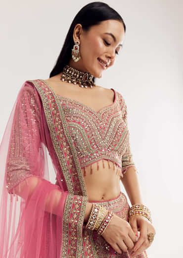 Pink Sweetheart Neck Georgette Cutdana Stonework Lehenga With Net Dupatta