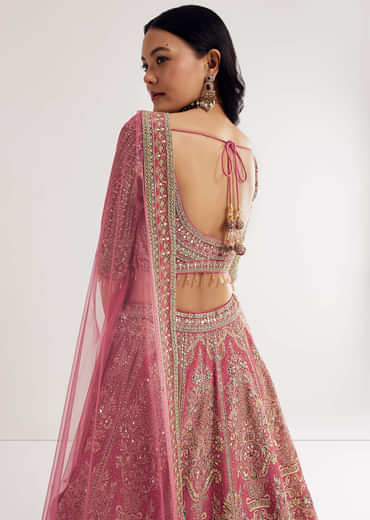 Pink Sweetheart Neck Georgette Cutdana Stonework Lehenga With Net Dupatta