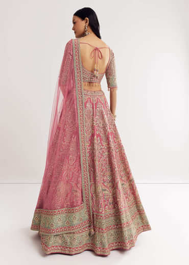 Pink Sweetheart Neck Georgette Cutdana Stonework Lehenga With Net Dupatta