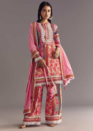 Pink Tabby Silk Floral Print Kurta Palazzo Set With Potli Bag