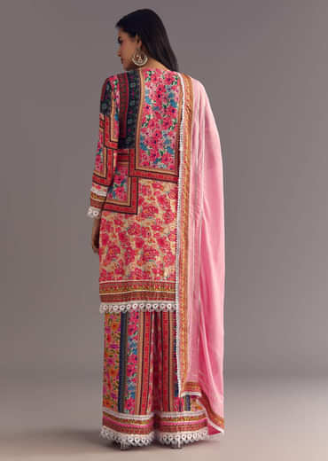 Pink Tabby Silk Floral Print Kurta Palazzo Set With Potli Bag