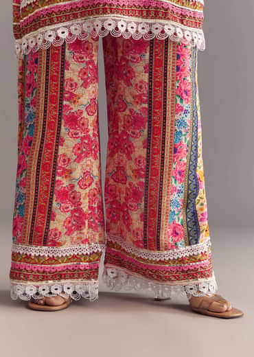 Pink Tabby Silk Floral Print Kurta Palazzo Set With Potli Bag