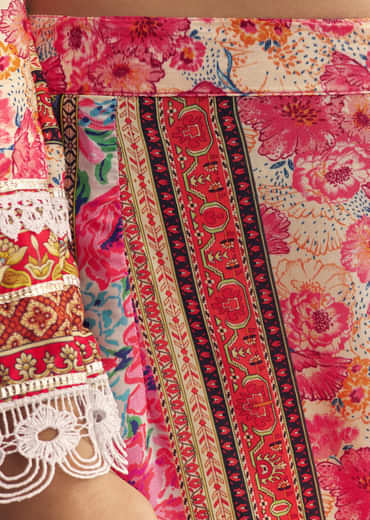 Pink Tabby Silk Floral Print Kurta Palazzo Set With Potli Bag