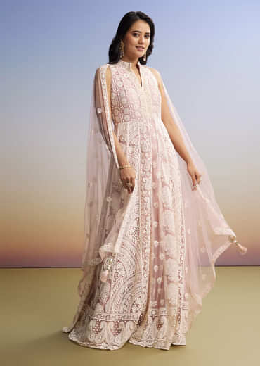 Pink Threadwork Anarkali With Dupatta