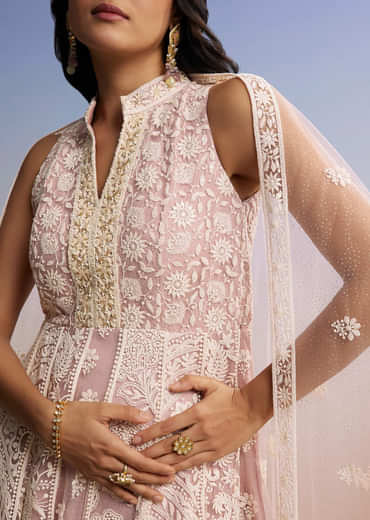 Pink Threadwork Anarkali With Dupatta