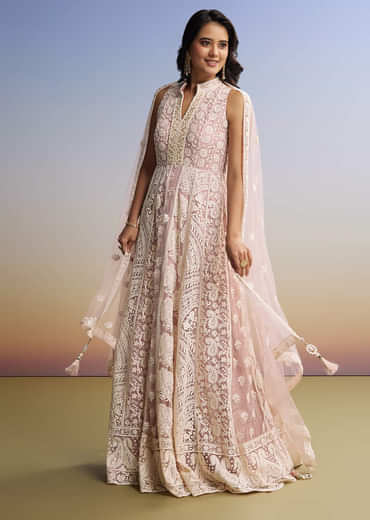 Pink Threadwork Anarkali With Dupatta