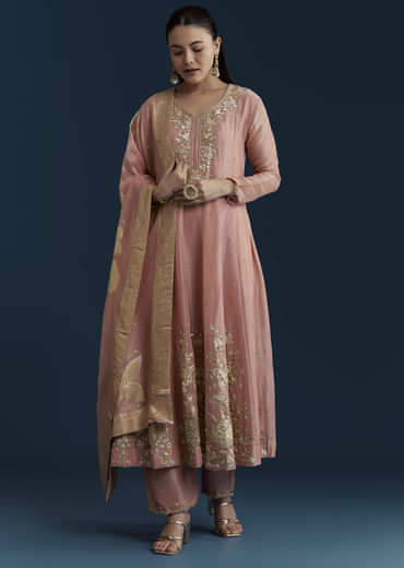 Pink Tissue Anarkali Set with Zardozi Work