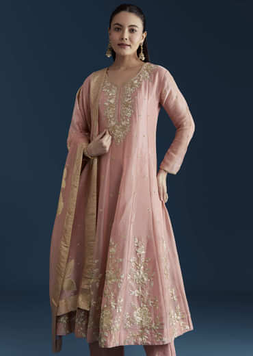 Pink Tissue Anarkali Set with Zardozi Work