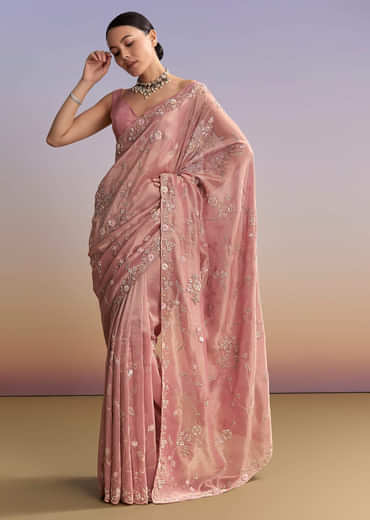 Pink Tissue Embroidered Saree With Cutdana And Jaal Work