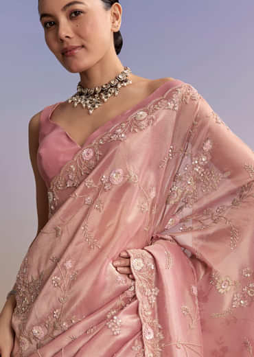Pink Tissue Embroidered Saree With Cutdana And Jaal Work