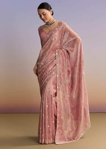 Pink Tissue Embroidered Saree With Cutdana And Jaal Work