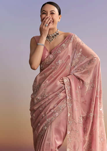 Pink Tissue Embroidered Saree With Cutdana And Jaal Work