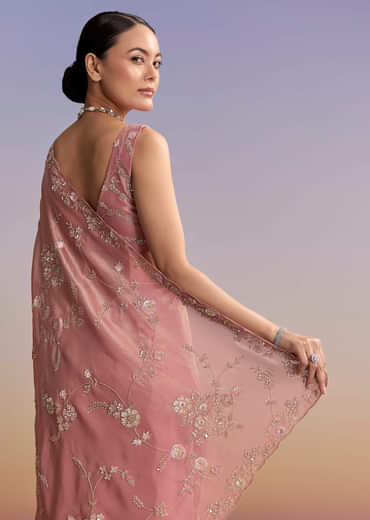 Pink Tissue Embroidered Saree With Cutdana And Jaal Work