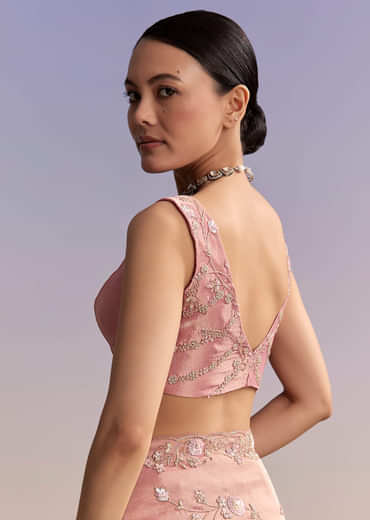 Pink Tissue Embroidered Saree With Cutdana And Jaal Work