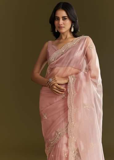 Pink Tissue Embroidered Saree With Cutdana Sequins And Moti