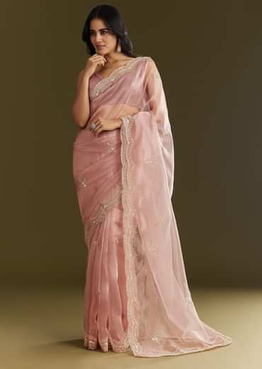 Pink Tissue Embroidered Saree With Cutdana Sequins And Moti