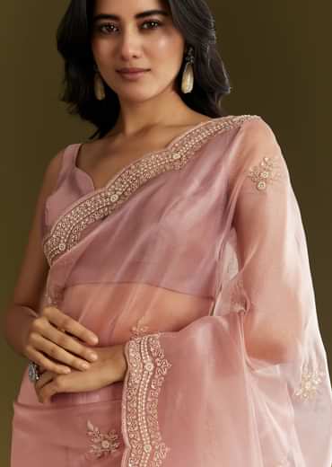 Pink Tissue Embroidered Saree With Cutdana Sequins And Moti