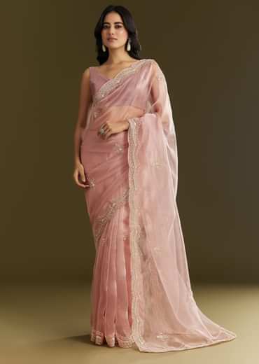 Pink Tissue Embroidered Saree With Cutdana Sequins And Moti