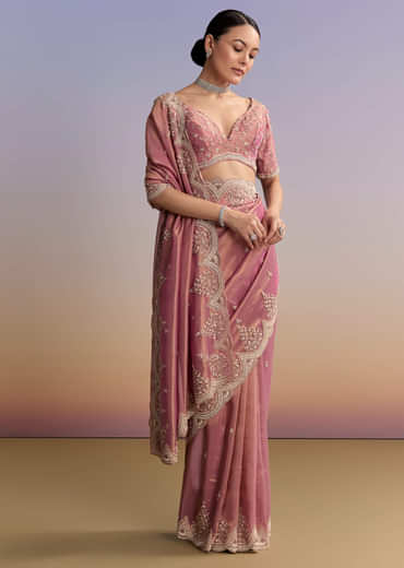 Pink Tissue Embroidered Saree With Sequin And Stone Work