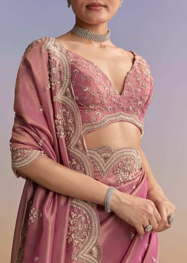 Pink Tissue Embroidered Saree With Sequin And Stone Work