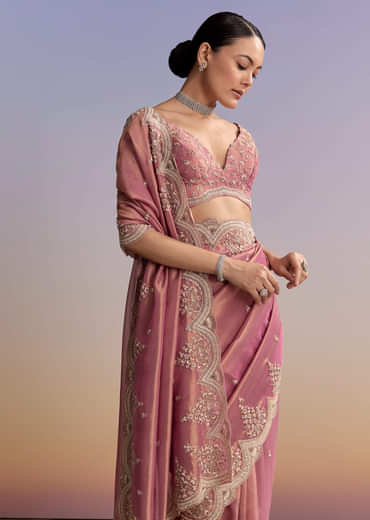 Pink Tissue Embroidered Saree With Sequin And Stone Work