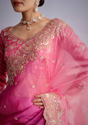 Pink Tissue Floral Embroidered Saree With Scallop Border