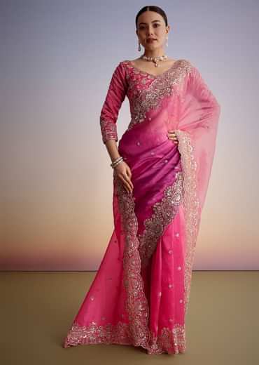 Pink Tissue Floral Embroidered Saree With Scallop Border