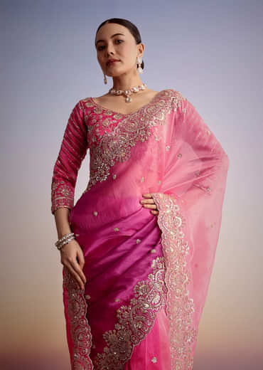 Pink Tissue Floral Embroidered Saree With Scallop Border