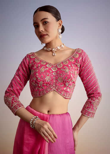 Pink Tissue Floral Embroidered Saree With Scallop Border