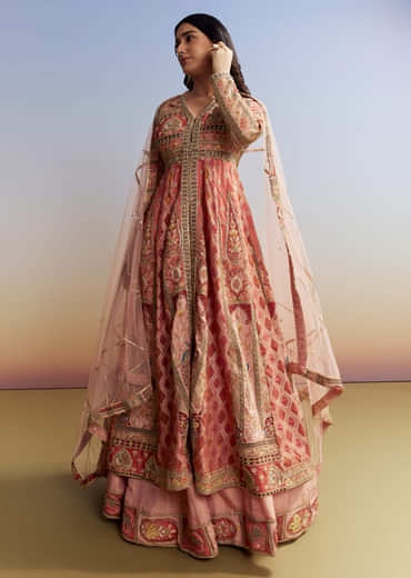 Pink Tissue Kurta Lehenga Set