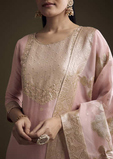 Pink Tissue Kurta Set With Zardosi Work And Banarasi Weave