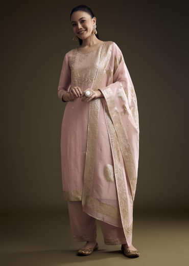 Pink Tissue Kurta Set With Zardosi Work And Banarasi Weave